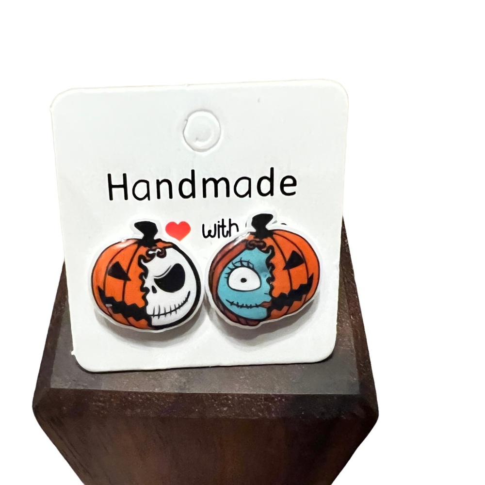 Jack and Sally, jack-o’-lantern, pumpkin stud earrings. New - Picture 10 of 11